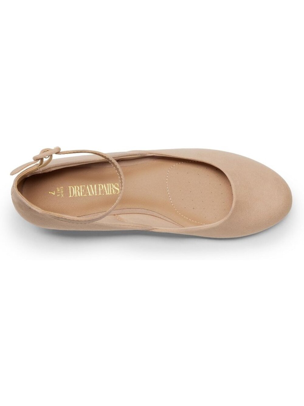 Women's Nude Suede Ankle Strap Ballet Flat Low Wedge Round Toe Comfortable Shoes - Picture 4 of 5